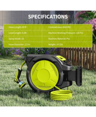 65ft Retractable Garden Hose Reel with Auto Rewind, 180° Swivel & 10-Function Nozzle