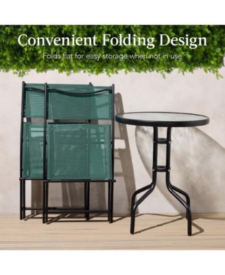 3-Piece Patio Bistro Dining Furniture Set w/ Round Textured Glass Tabletop, Folding Chairs