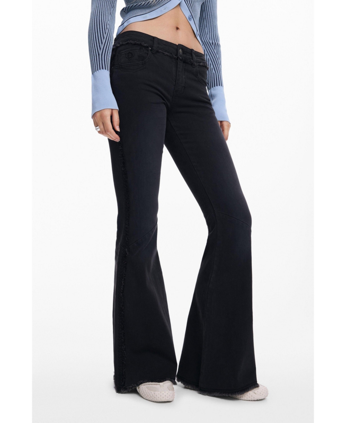 Desigual Frayed Low Rise Flare Jeans In Black