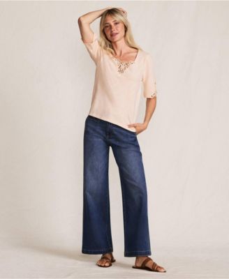 Women's Elbow Sleeve Slub Lace Trim T-Shirt