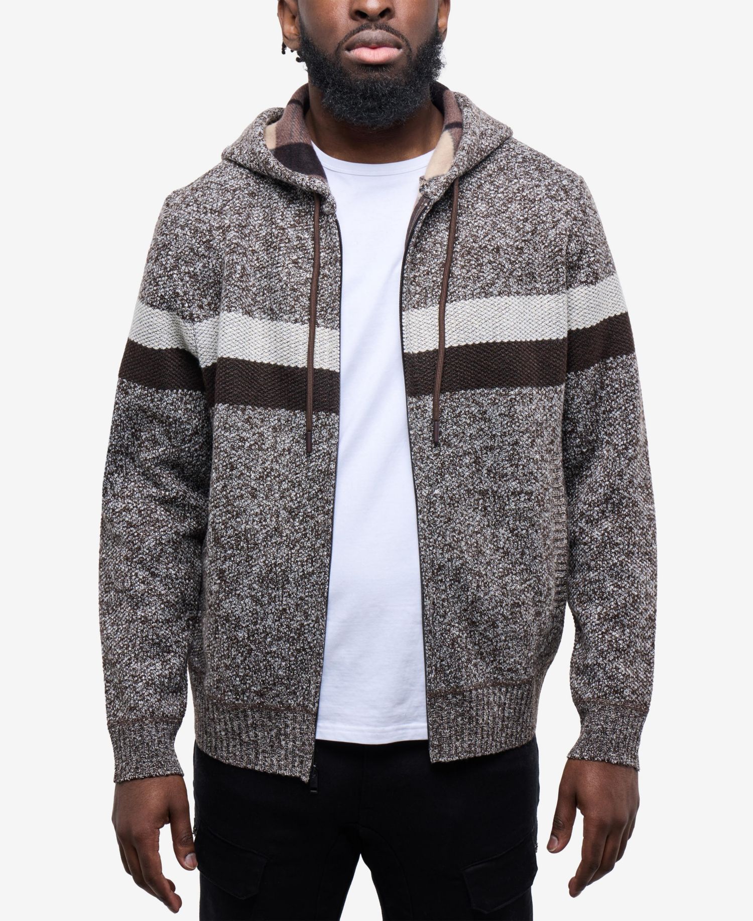 Men's Hooded Fleece Lined Full Zip Sweater With Stripes