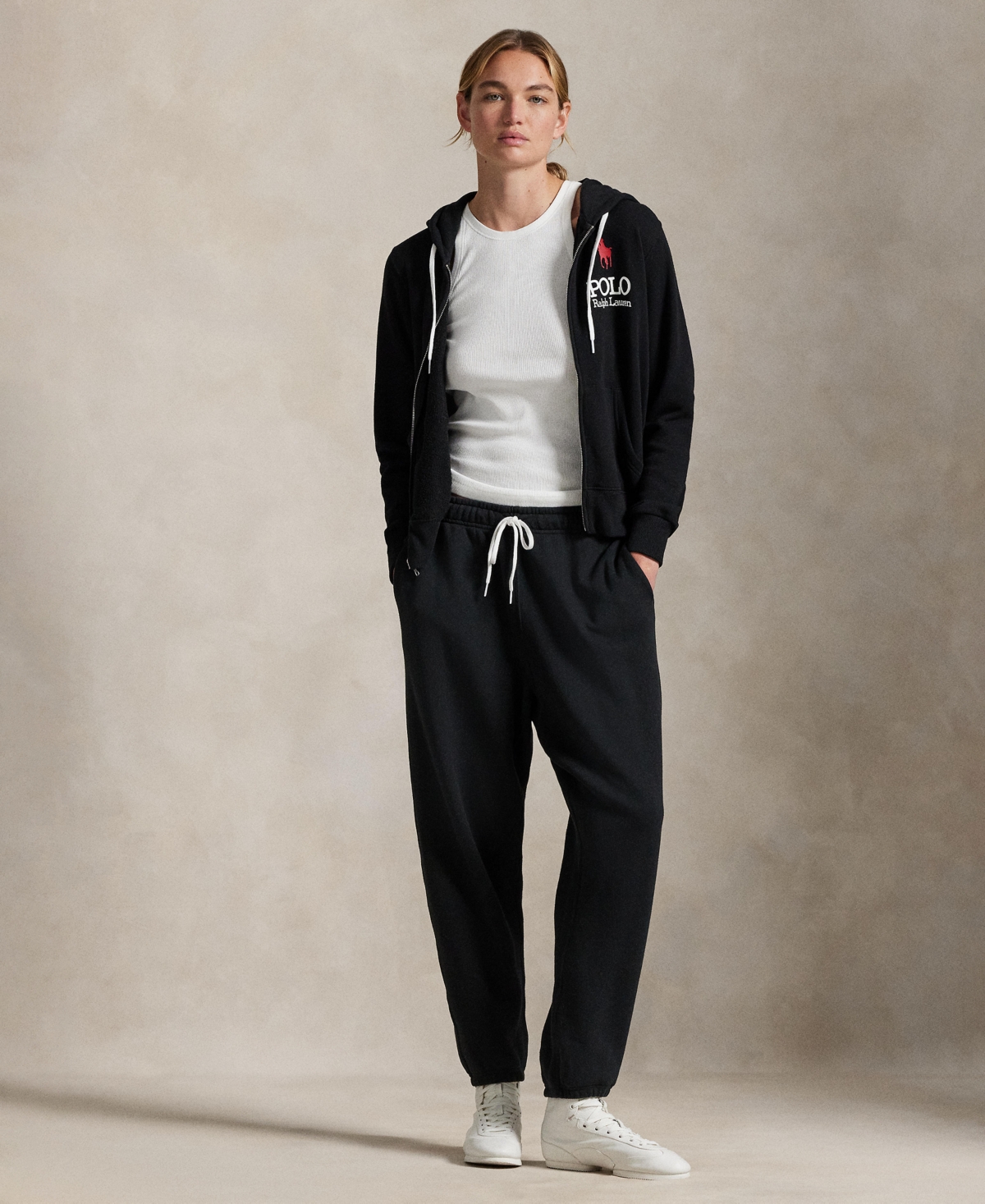 Polo Ralph Lauren Women's Big Pony Lightweight Fleece Zip Hoodie Sweatshirt In Black
