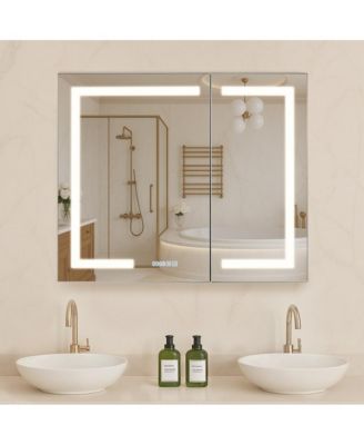 HD Tempered Glass Mirror Medicine Cabinet Lighted, Recessed Wall Mount
