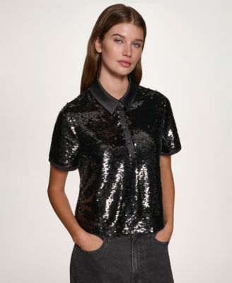 DKNY - Women's Sequin Detail Collared Top