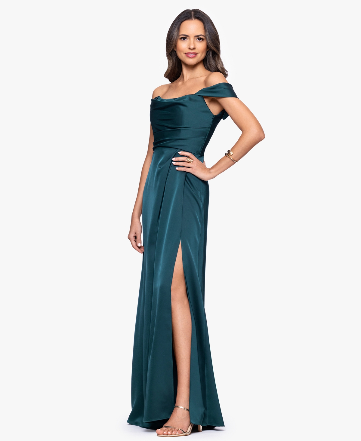 Betsy & Adam Heather Off The Shoulder Satin Gown In Green