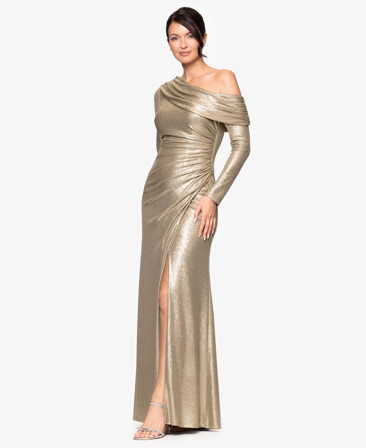 Betsy & Adam Women's Long Ruched Off-the-Shoulder Gown
