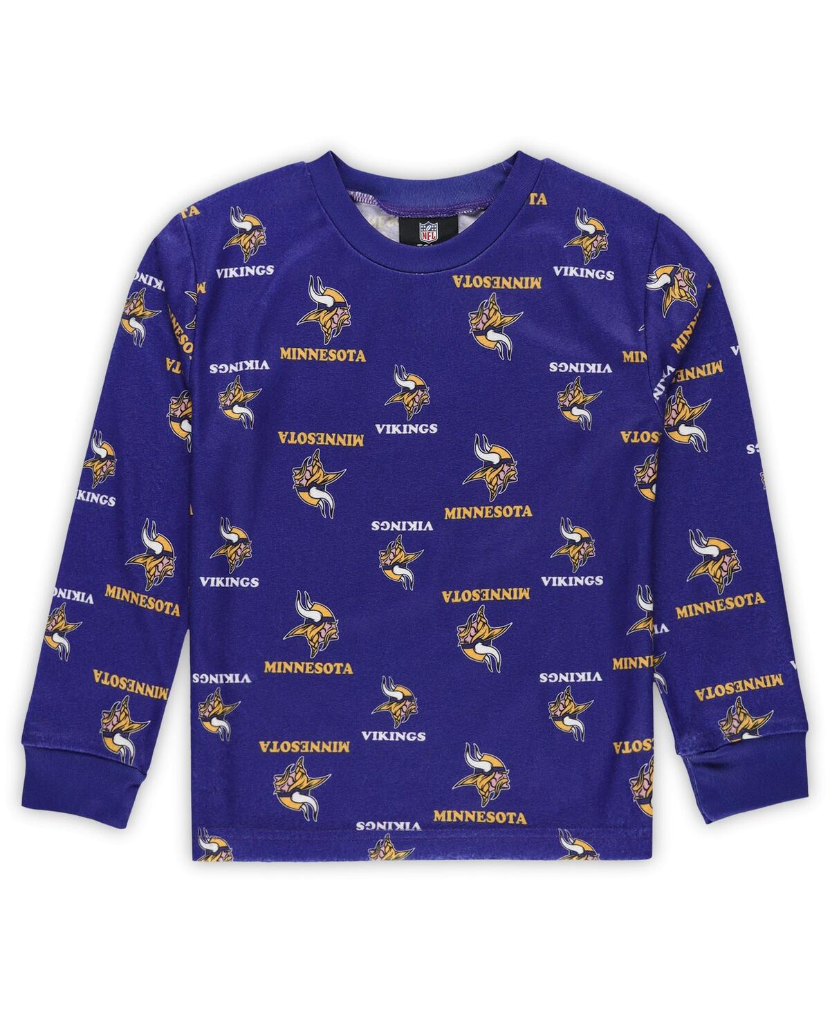 Outerstuff Preschool Purple Minnesota Vikings All-over-print Long Sleeve T-shirt And Pants Sleep Set In Purple