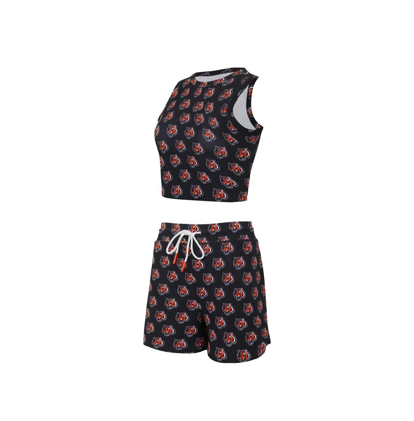 Женские комплекты Concepts Sport Cincinnati Bengals Gauge Allover Print Cropped Tank Top Shorts Sleep Set — фото 1