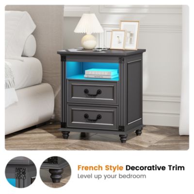 Nightstand with Charging Station, 3-Color LED Lights and 2 Drawers