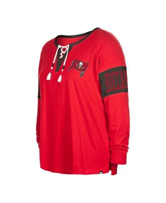 Women's Red Tampa Bay Buccaneers Plus Size Lace-Up Notch Neck Long Sleeve T-Shirt