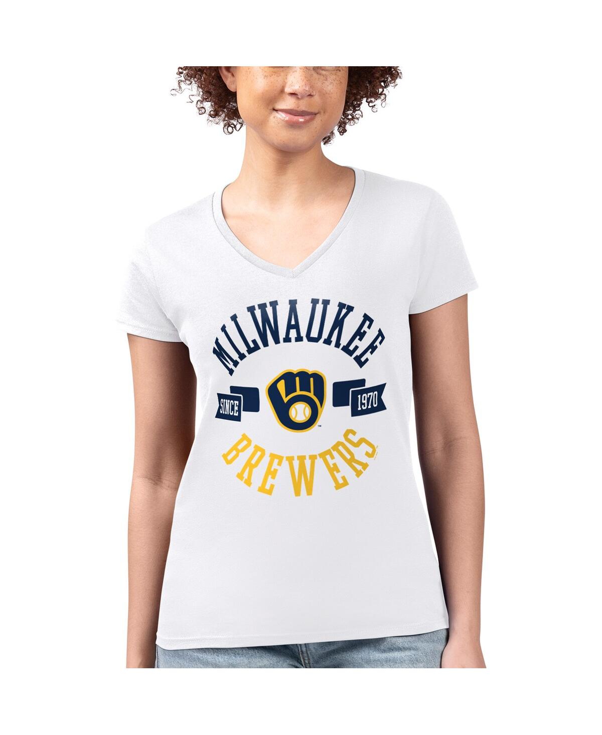 G-iii 4her By Carl Banks Women's White Milwaukee Brewers Super-slim Fit Lightweight City Graphic V-neck T-shirt In White