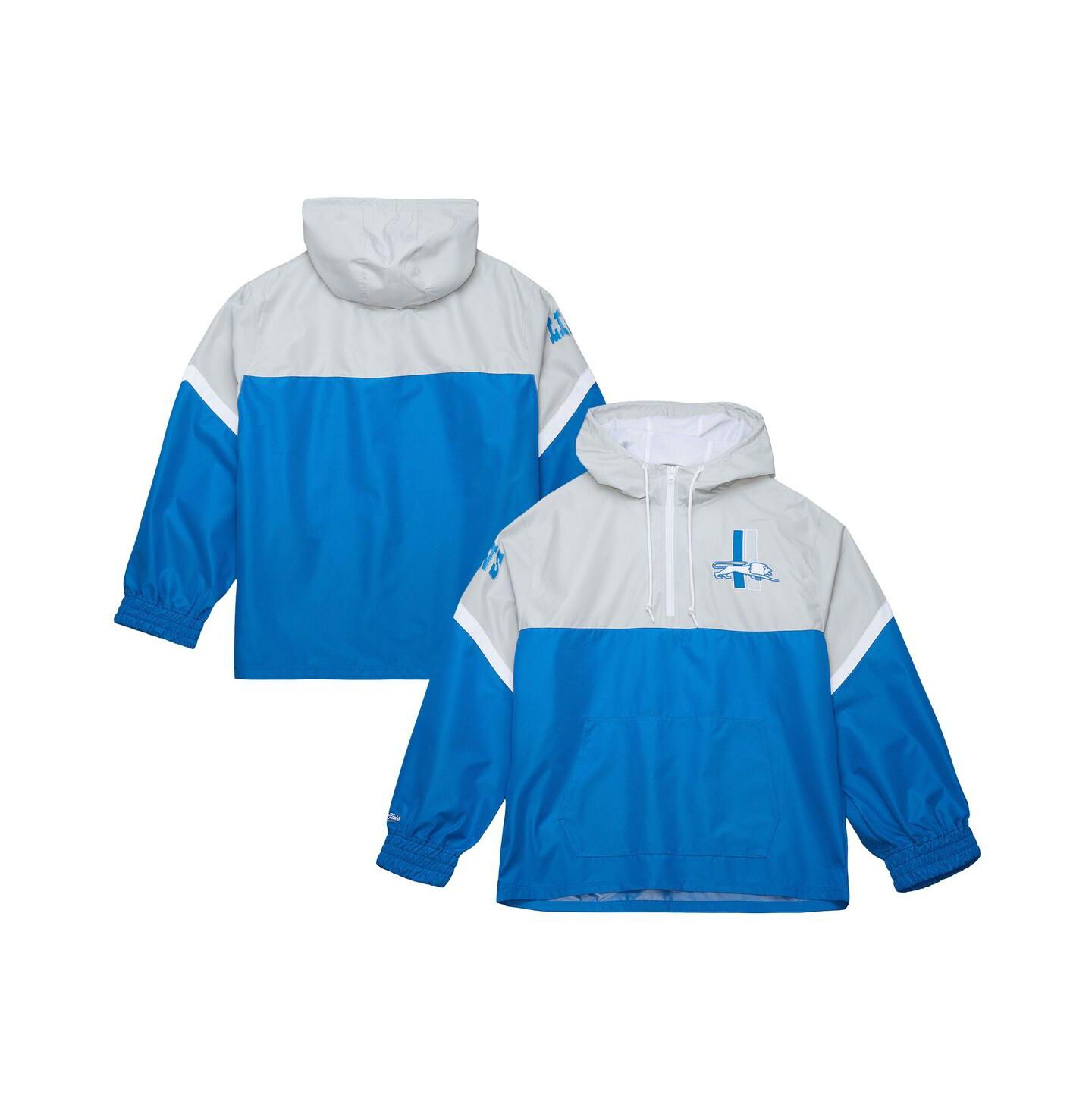 Мужская куртка Mitchell & Ness Silver/Blue Detroit Lions Tie Breaker Vintage Logo Lightweight Anorak Half-Zip Windbreaker — фото 1