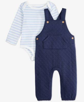 First Impressions - Baby Boys 2-Pc. Striped Bodysuit & Quilted Overall Set