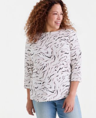 Plus Size Printed Cotton 3/4-Sleeve Top