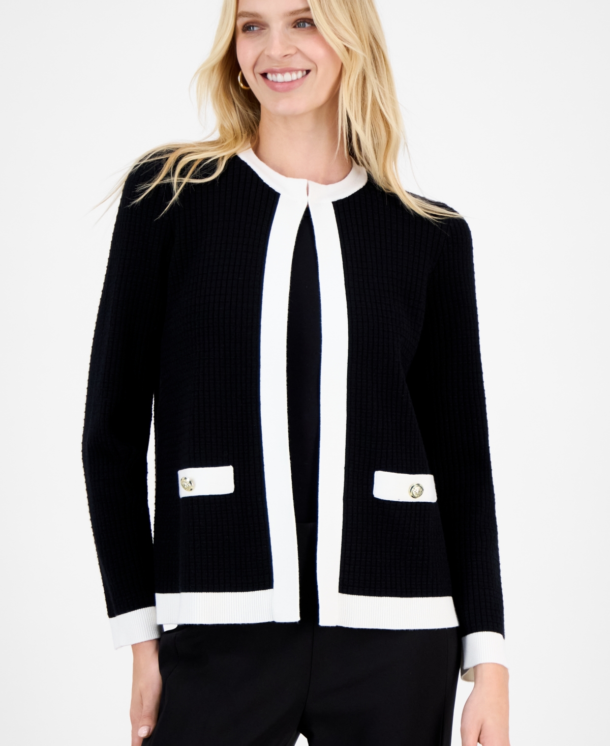 Kasper Women's Waffle-knit Kissing-front Jacket In Black