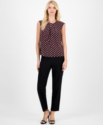 Women's Geo-Print Pleated-Neck Blouse, Regular & Petite