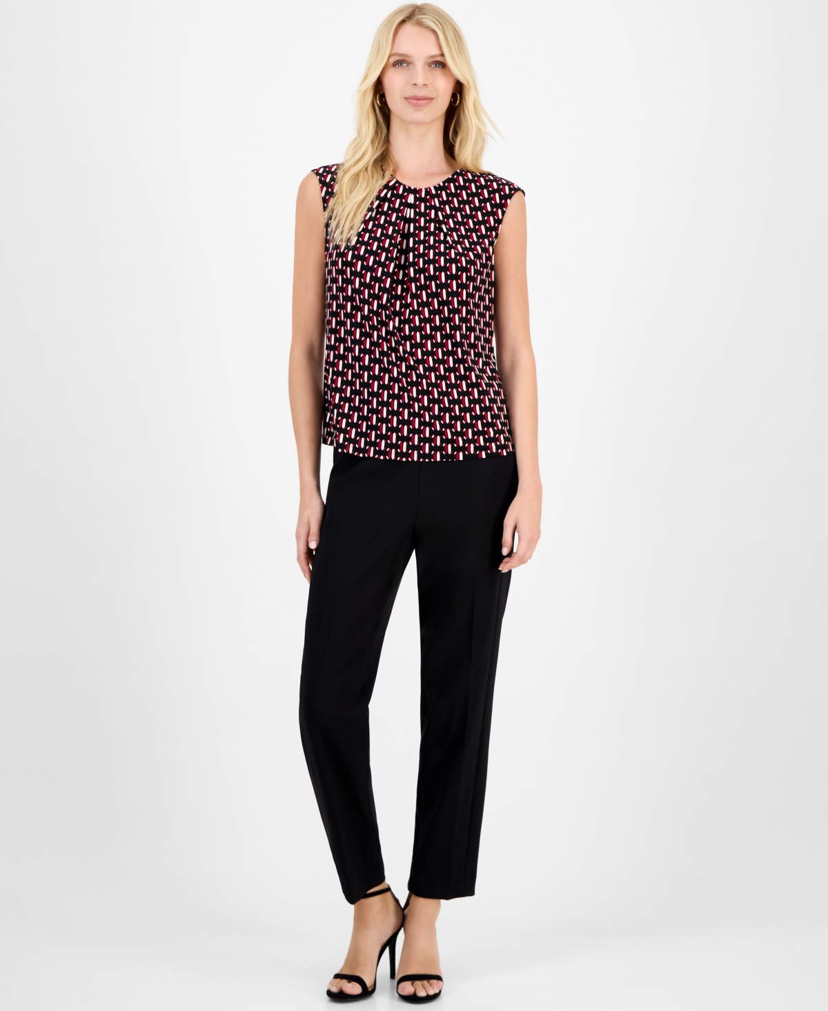 Kasper Women's Geo-Print Pleated-Neck Blouse