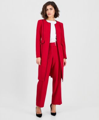 Women's Stretch Crepe Piping-Trim Long Jacket 