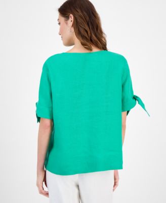 Women's 100% Linen Split-Neck Tie-Cuff Top, Created for Macy's