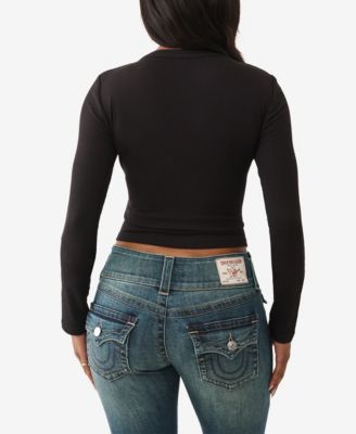 Women's LS Printed Ribbed Henley Top