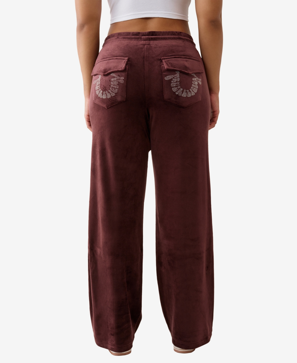 True Religion Rhinestone Velour Straight Leg Drawstring Pants In Burgundy