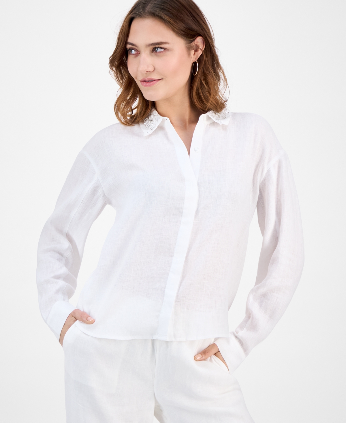 Charter Club Women's Embellished-collar 100% Linen Shirt, Macy's Exclusive In White