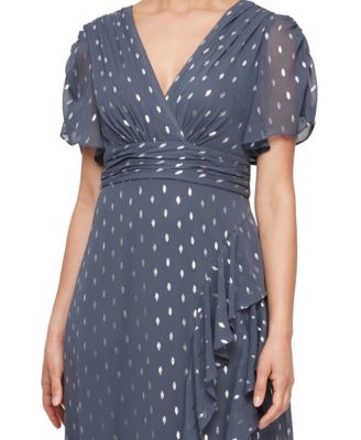 Women's Foil-Print V-Neck Ruffle-Trim A-Line Dress