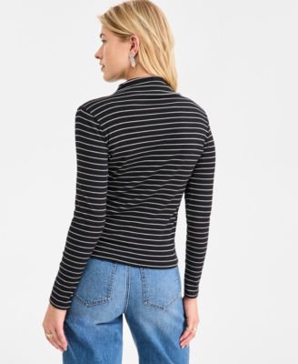 Women's Knit Long-Sleeve Funnel-Neck Lurex Striped Top