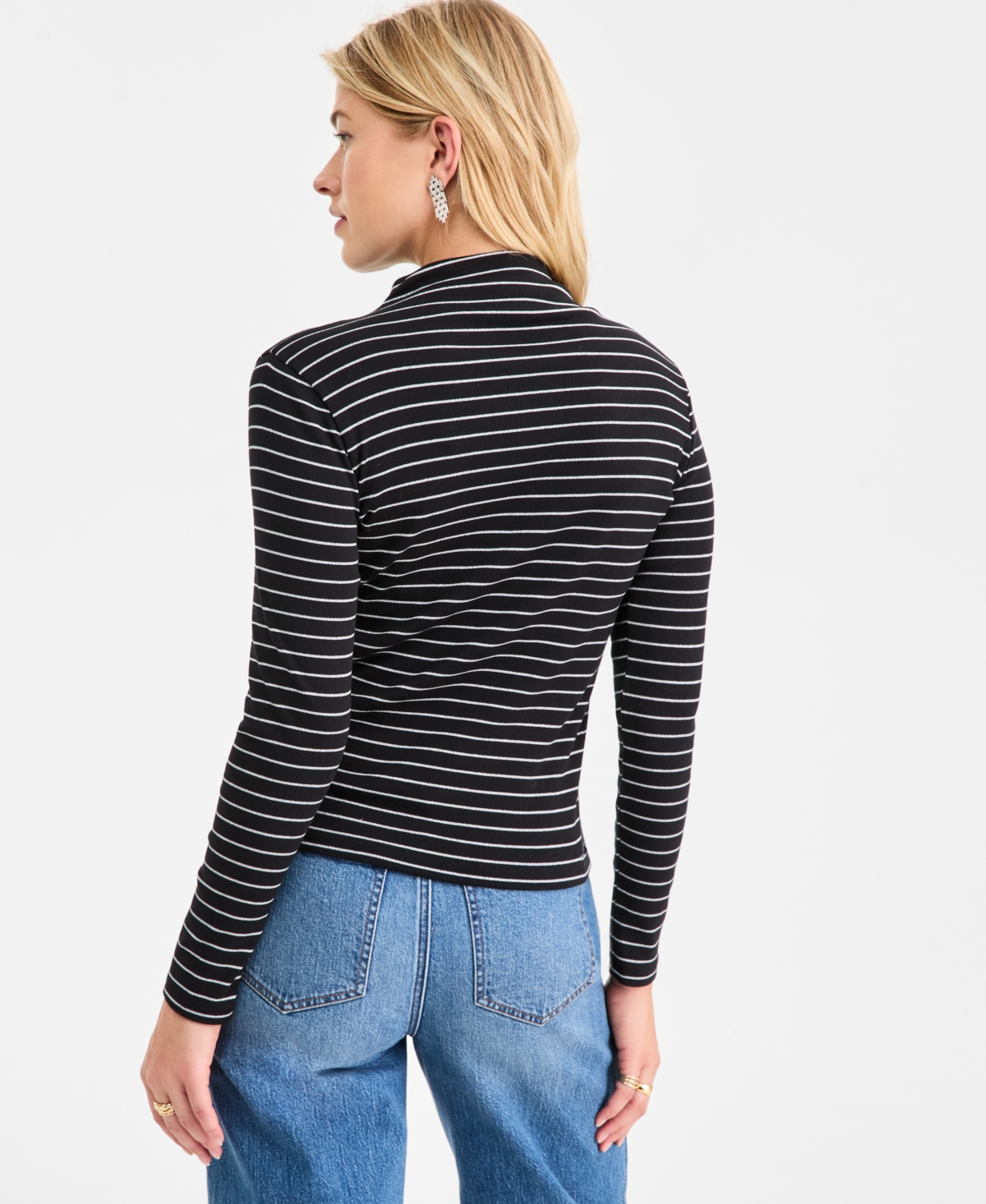 On 34th Women's Knit Long-Sleeve Mock-Neck Lurex Striped Top, Macy's Exclusive