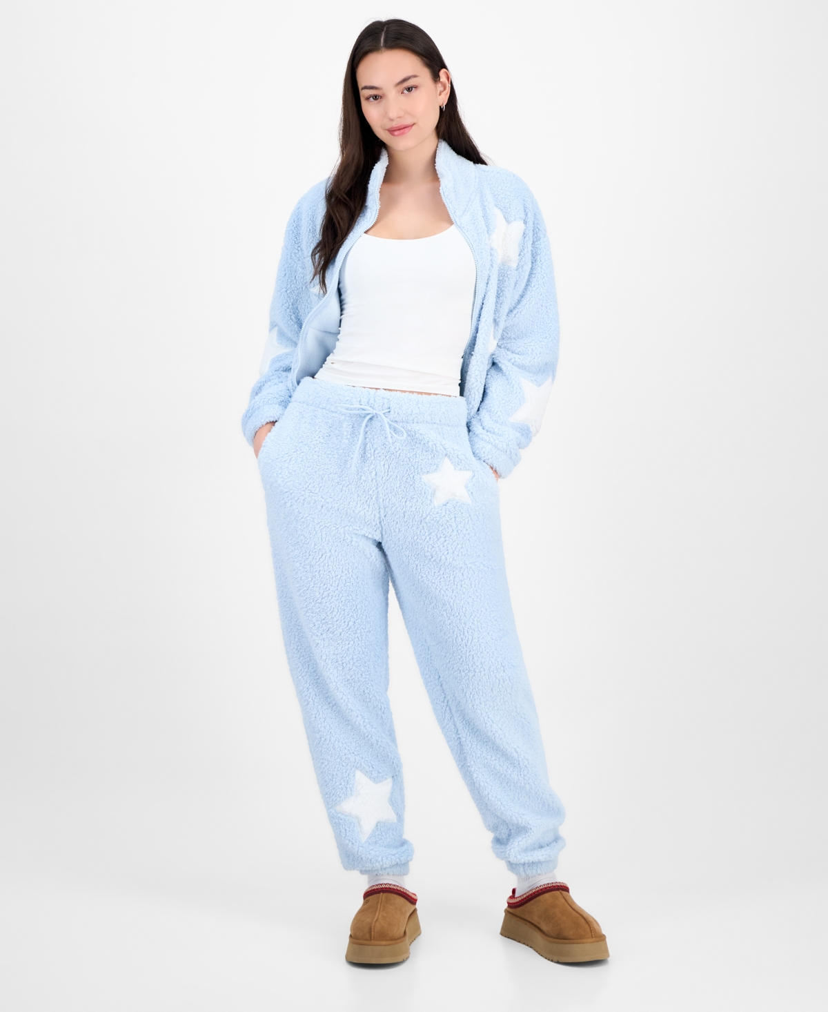 Madden Girl Juniors Star Sherpa Zip Up Sherpa Fleece Sweatpants In Blue