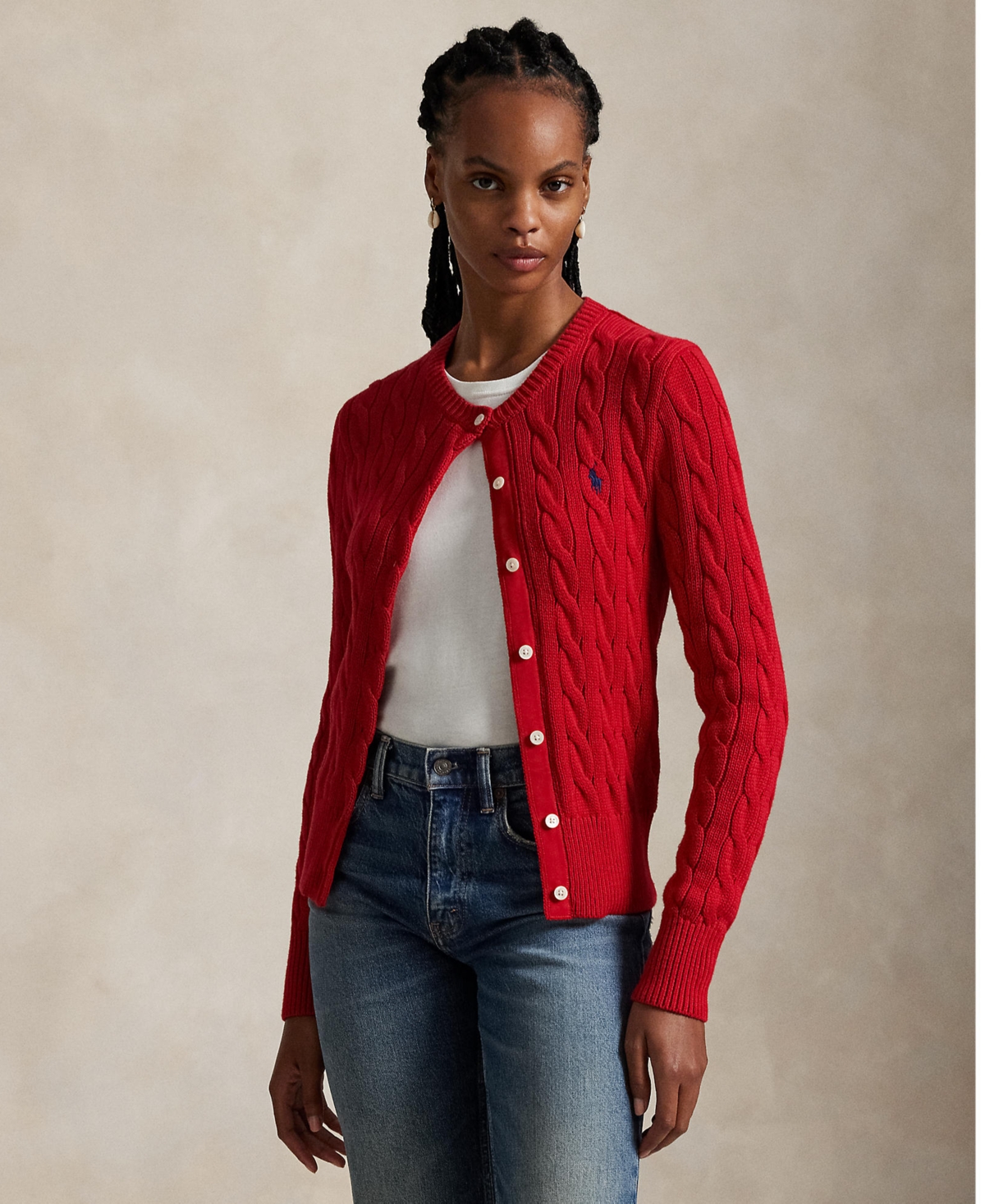 Polo Ralph Lauren Women's Cable-knit Cotton Crewneck Cardigan Sweater In Red