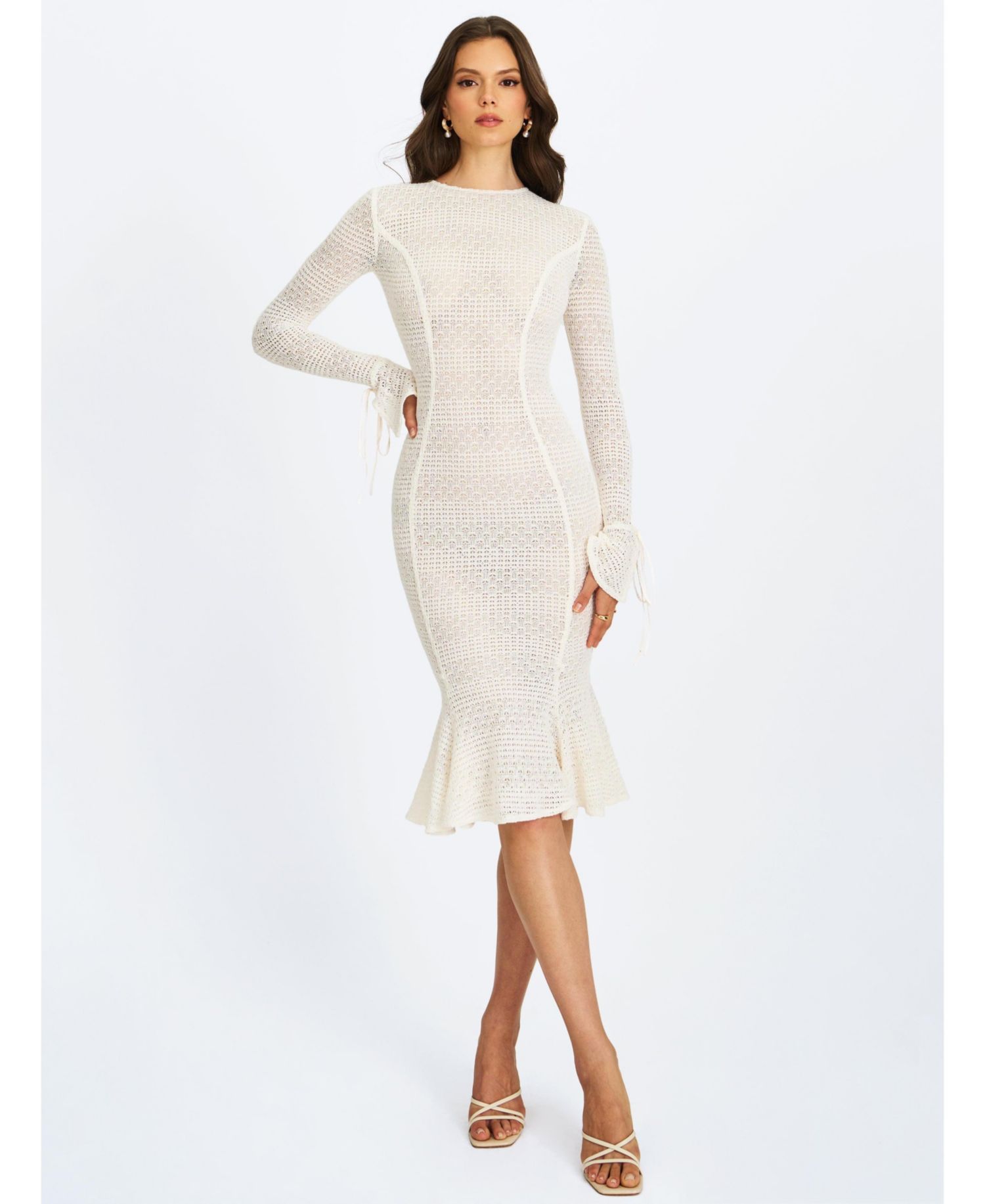 Women's Pamina Beige Crochet Long Sleeve Flare Mermaid Dress