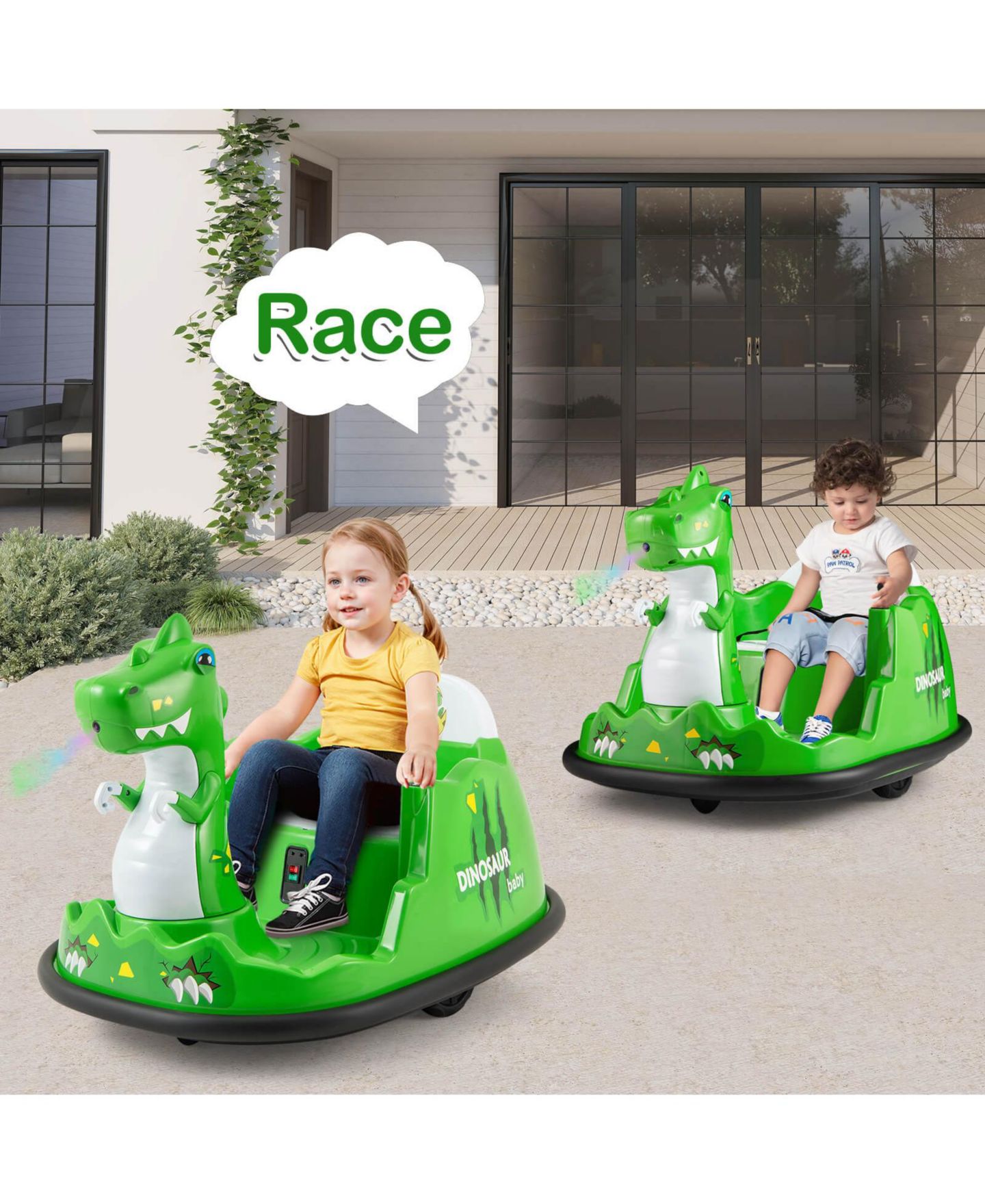Детская игрушка Costway Dinosaur Ride-On Bumper Car with Remote Control, Spray and Lights, 44 lbs, 2–5 лет, цвет: Зелёный — фото 2