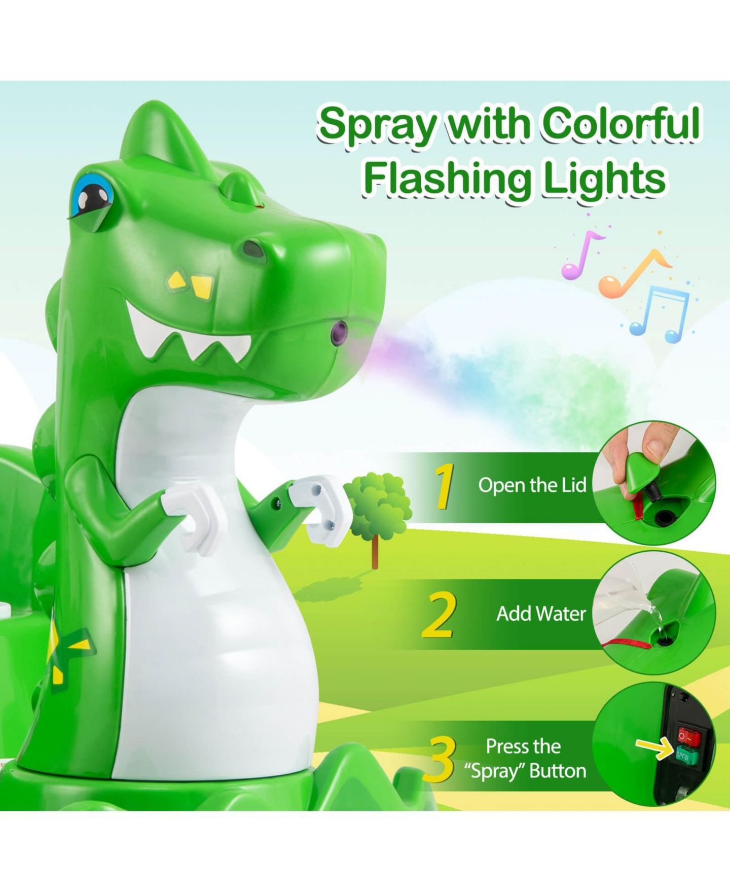 Детская игрушка Costway Dinosaur Ride-On Bumper Car with Remote Control, Spray and Lights, 44 lbs, 2–5 лет, цвет: Зелёный — фото 11