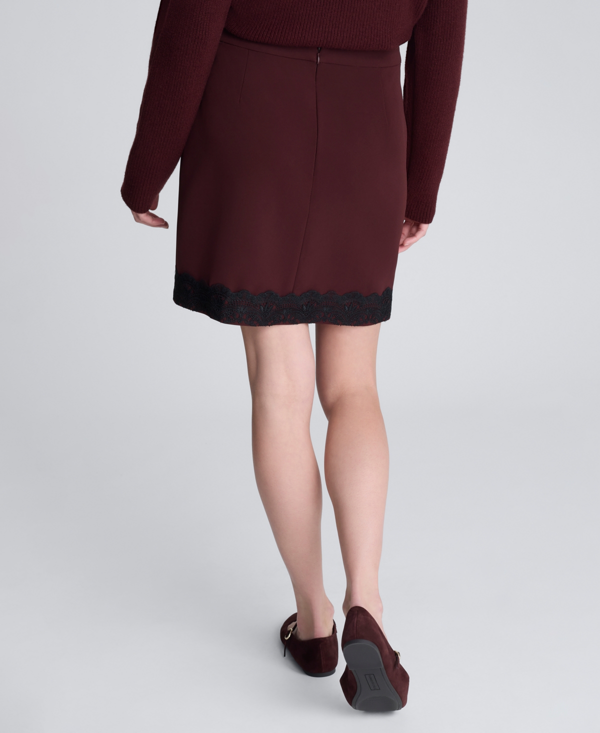 Kenneth Cole Luxe Twill Faux Wrap Mini Skirt With Lace Trim In Brown