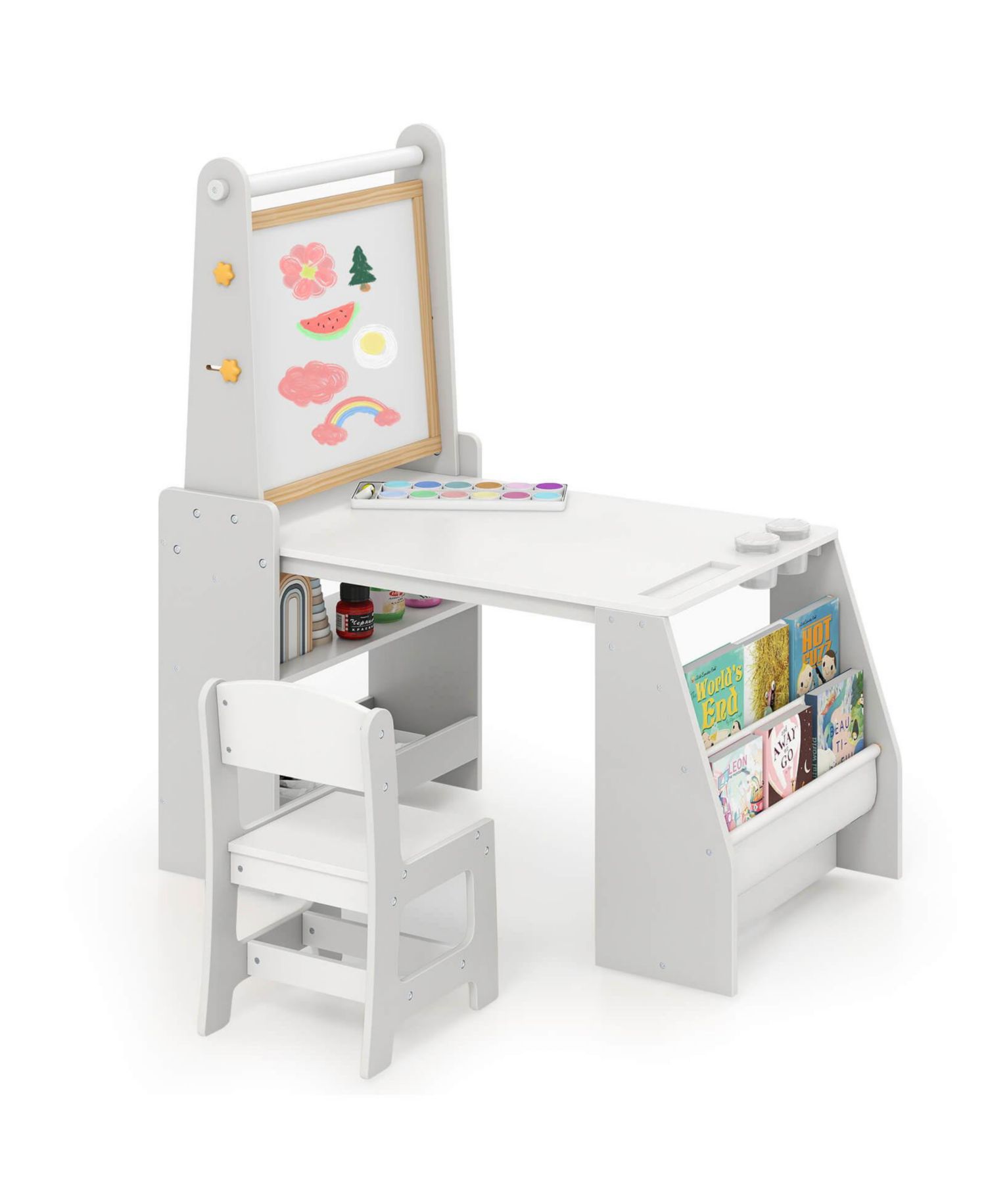 Kids Art Table and Chair Set with Easel Whiteboard Chalkboard Paper