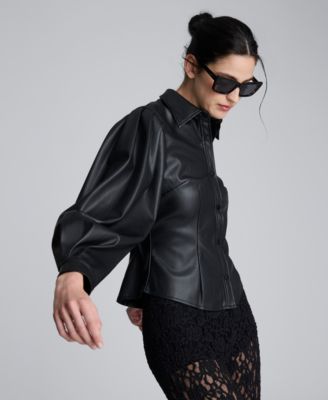 Women's Faux Leather Snap Front Pleated Shirt