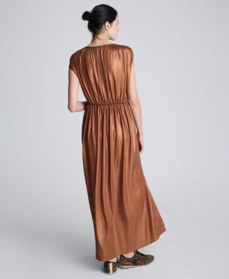Women's Metallic Knit V-Neck Gathered Maxi Dress