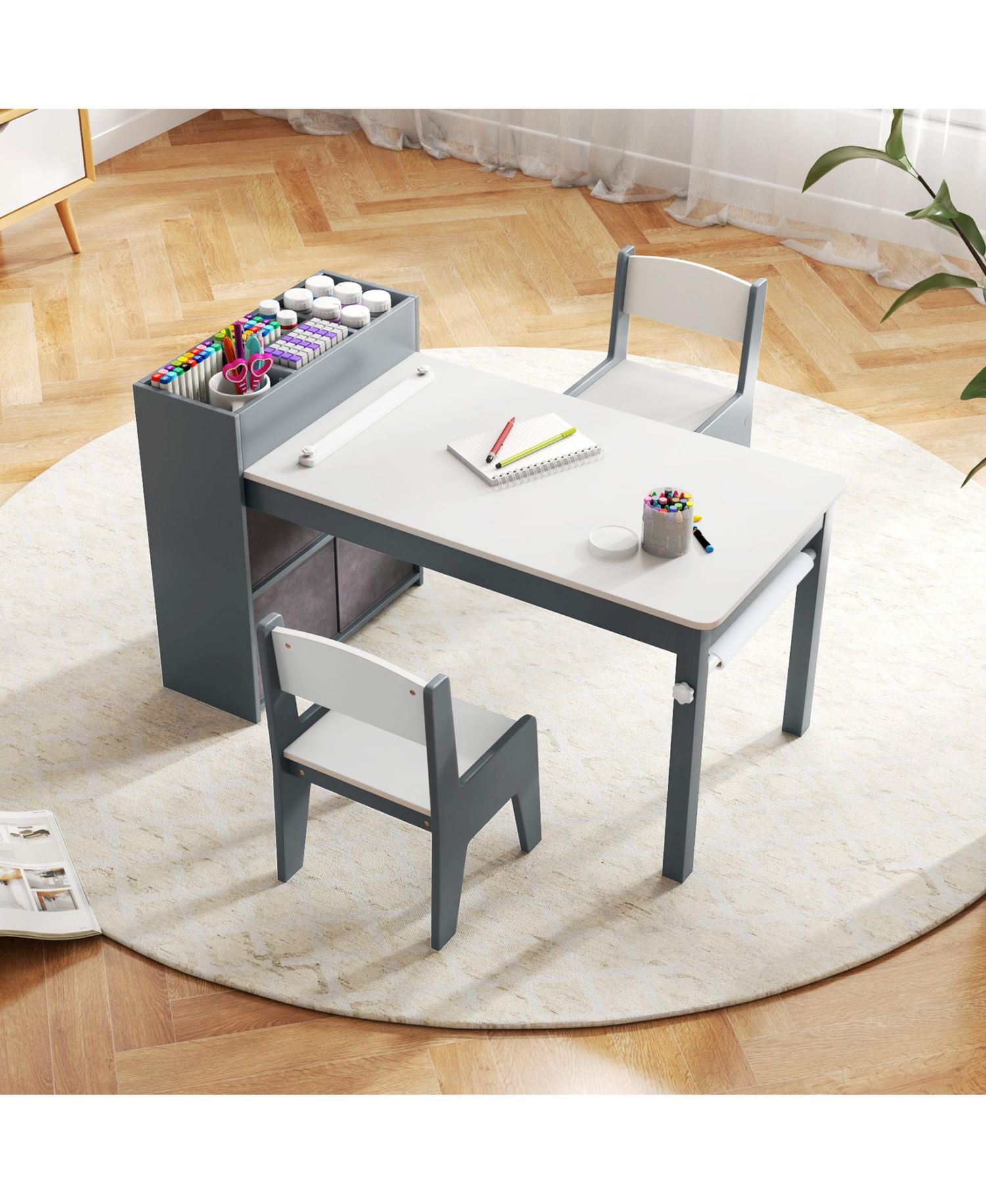 Paper Roll Activity Table with Storage for Ages 3+, Table and Chairs, 3-Piece Set