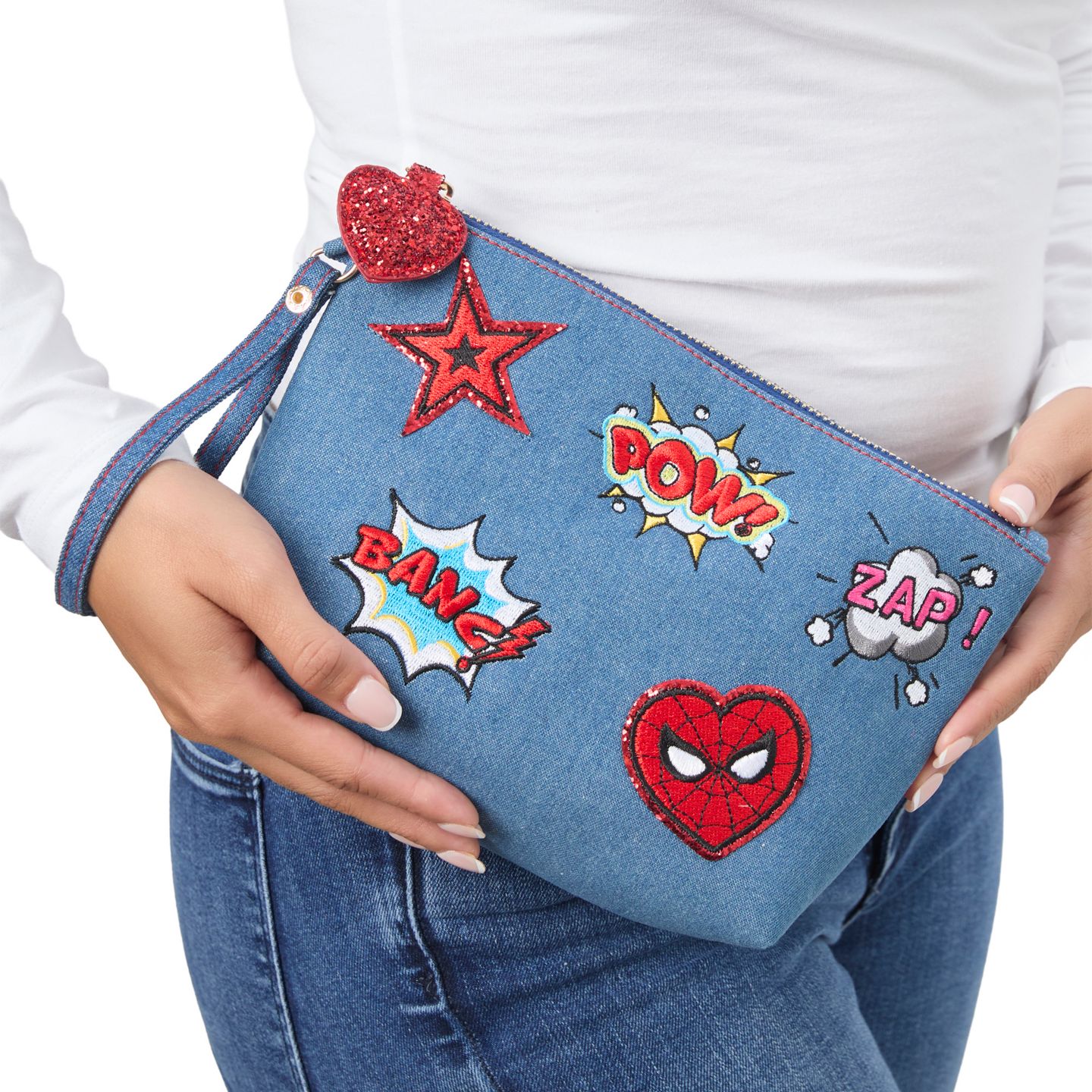 Сумка Marvel SpiderMan Denim Patch Cosmetic Pouch with Comic Pop Embellishments, цвет: Синий / Разноцветный — фото 3