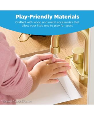 Pretend Play Wooden Farmhouse Kitchen Set w/ Storage, Clicking Knobs, 5 Accessories