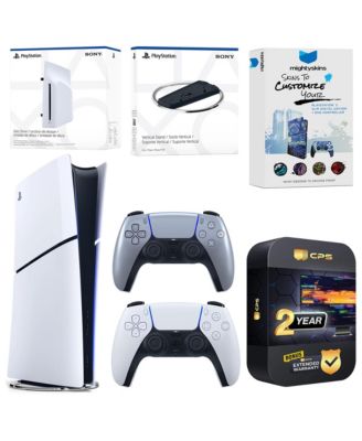 PlayStation 5 Slim Digital Bundle with Disc Drive, Extra Controller, Vertical Stand, MightySkins Voucher and 2 Year Extended Warranty - Glacier W