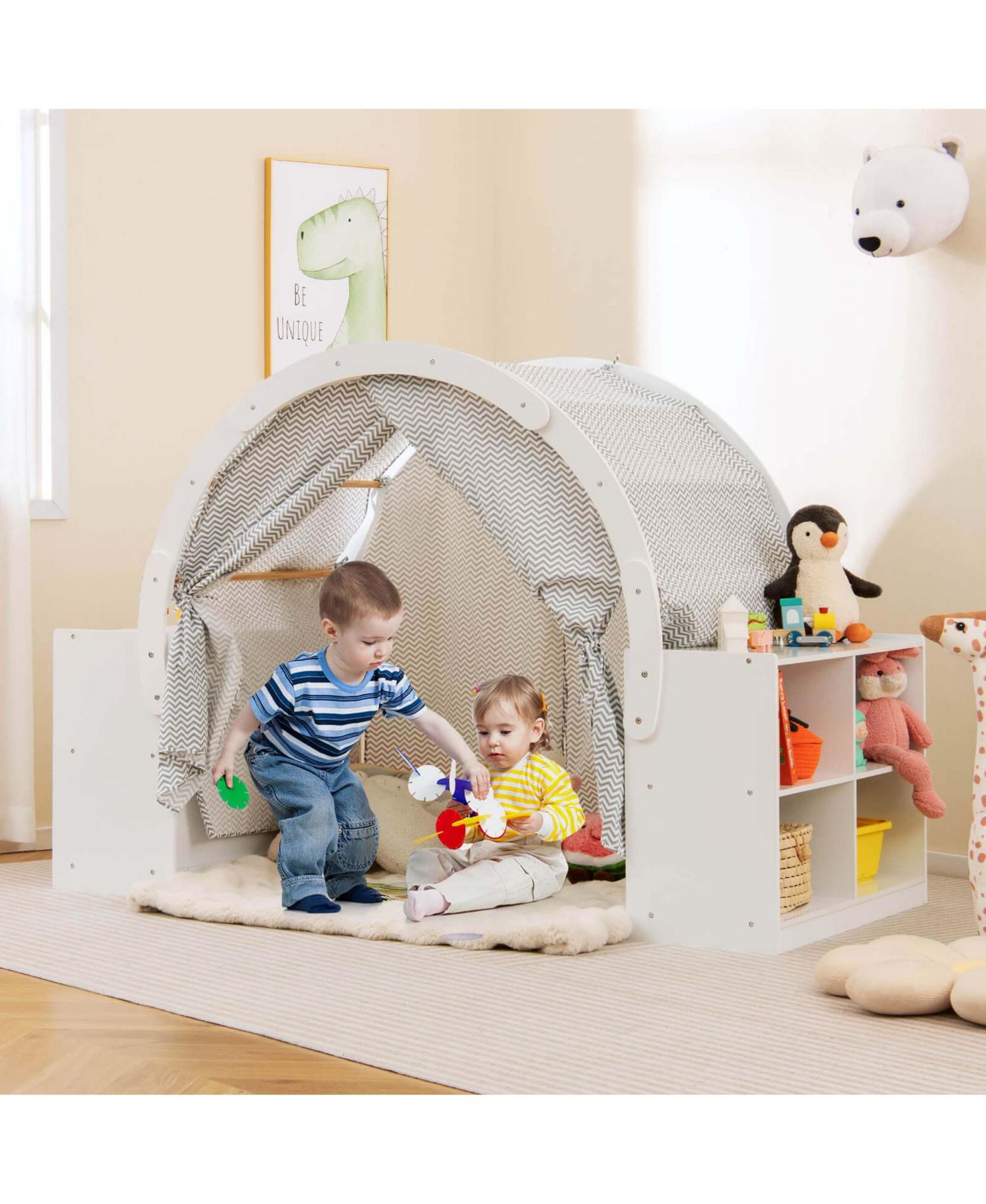 Wooden 8-Cubby Storage Playhouse with Curtain Shades