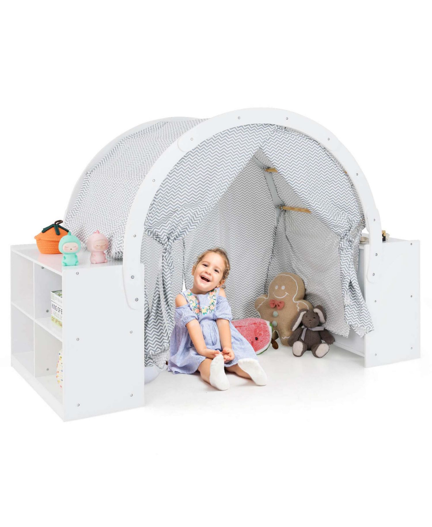 Wooden 8-Cubby Storage Playhouse with Curtain Shades