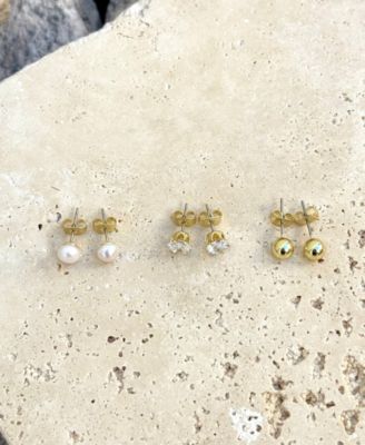 Gold Freshwater Pearl Stud, Ball and Solitaire Earrings Set