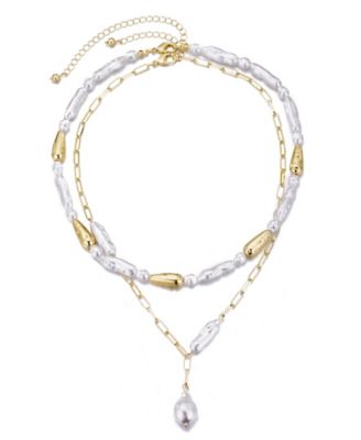 Gold Beaded Faux Cultivated Pearl Layered Lariat Necklace