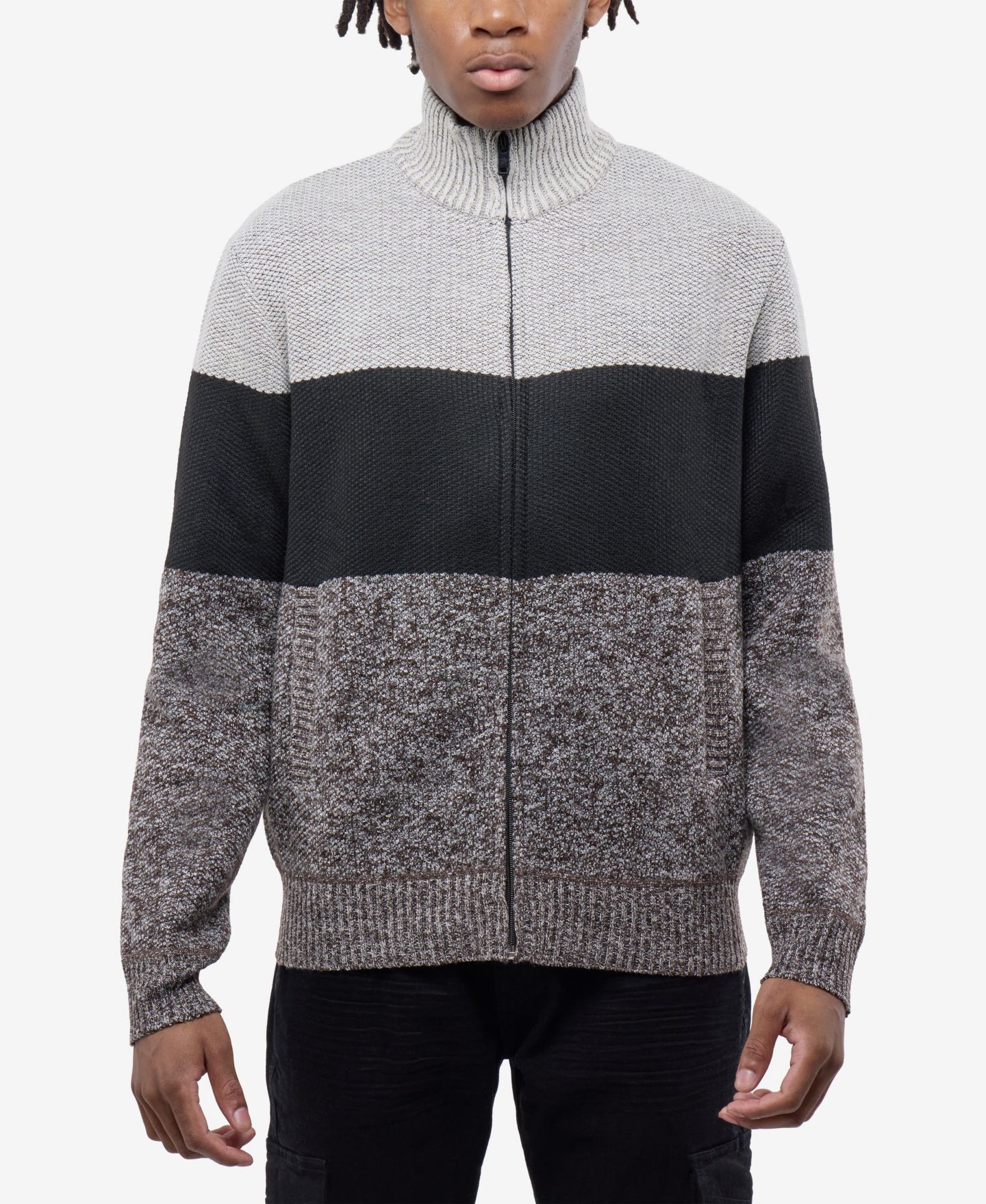 Мужской свитер CULTURA Full Zip Mock Neck Sweater With Fleece Lining, цвет: Шоколадный / Чёрный — фото 1