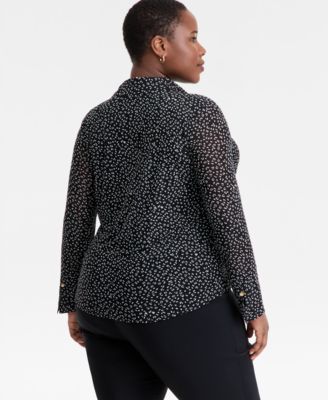 Plus Size Printed Collared Mesh Top