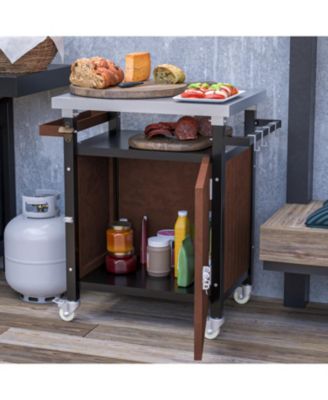 27"W Stainless Steel, Metal Storage Cabinet, Hooks, Bottle Opener, Gas Line Hole, Wheels Grill Cart