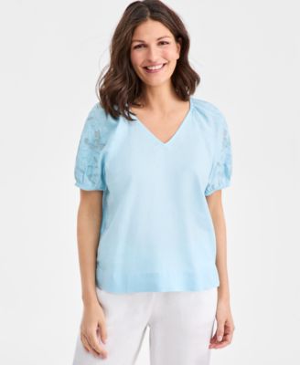 Women's 100% Linen V-Neck Appliqu&eacute;-Sleeve Top, Macy's Exclusive